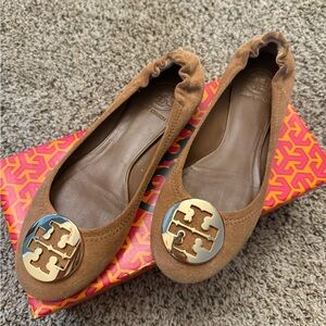 Tory Burch Tan Ballet Flats with Gold Logo